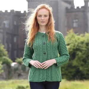 ⭐️ Kilronan Knitwear Sweater Cardigan Fisherman Green Merino 100% Wool Ireland